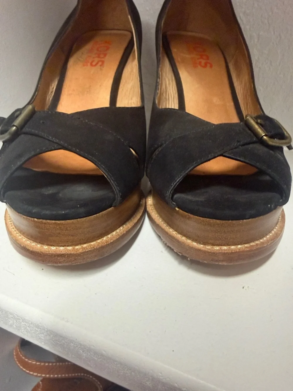 Michael Kors Black Suede Open-Toe Platform Wedges with Buckle - Picture 8 of 16